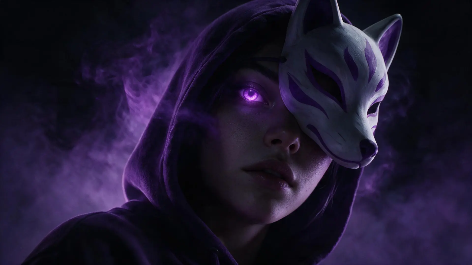 P.E.X, personagem da Alopex, com a máscara de raposa sobre o rosto na penumbra violeta